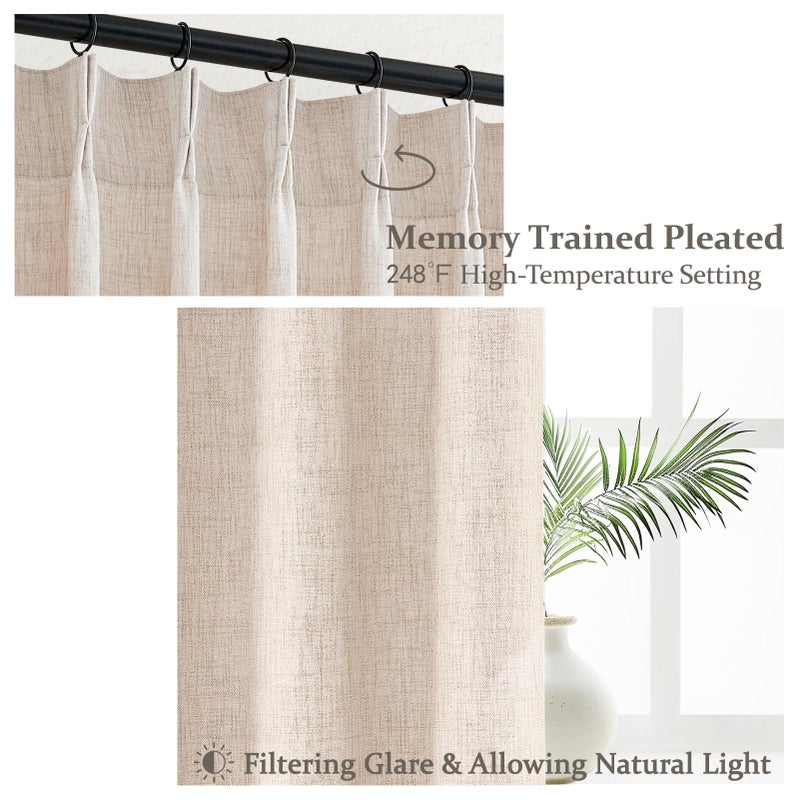 PleatedDrapes ستائر مطوية من الخيش شبه الشفاف بطول 84 بوصة، بلد محايد باللون البيج والكتان والكتان وستائر تصفية للسقف من أجل انزلاق الباب الزجاجي/المكتب 2 لوح خطافات ستائر الخصوصية - Image 3